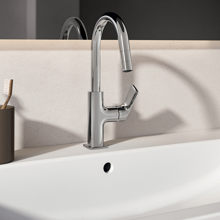 Immagine di Ideal Standard CERALIFE C miscelatore monocomando per lavabo, con doccetta estraibile, con piletta click-clack, finitura cromo BE056AA
