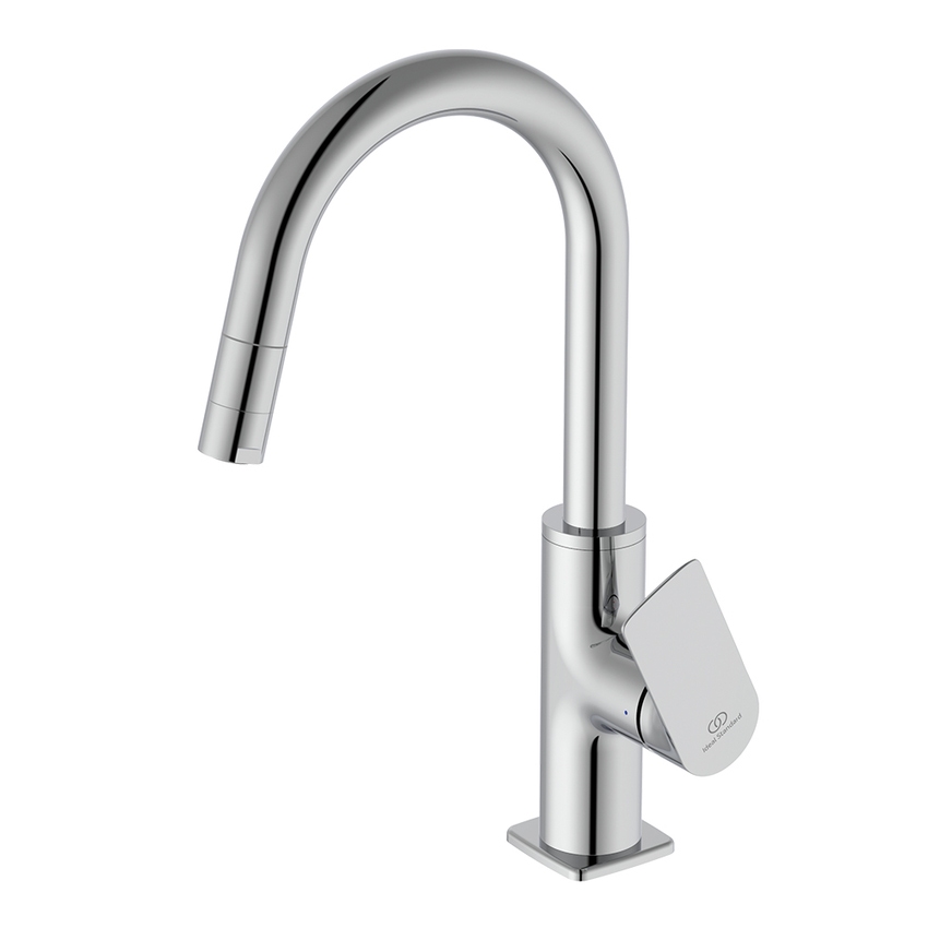 Immagine di Ideal Standard CERALIFE C miscelatore monocomando per lavabo, con doccetta estraibile, con piletta click-clack, finitura cromo BE056AA