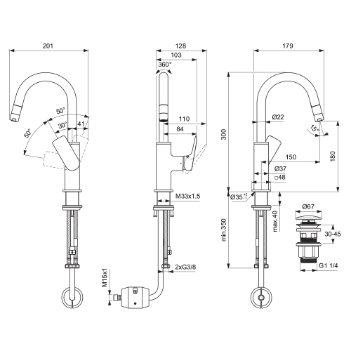 Immagine di Ideal Standard CERALIFE C miscelatore monocomando per lavabo, con doccetta estraibile, con piletta click-clack, colore nero finitura opaco BE056XG