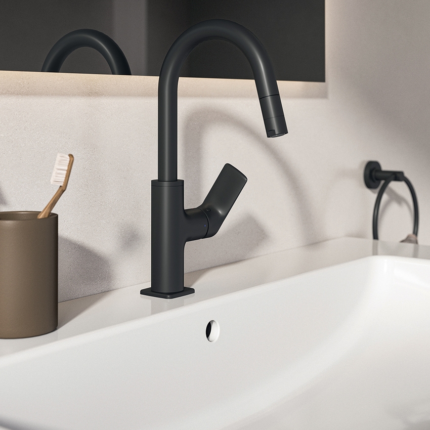 Immagine di Ideal Standard CERALIFE C miscelatore monocomando per lavabo, con doccetta estraibile, con piletta click-clack, colore nero finitura opaco BE056XG