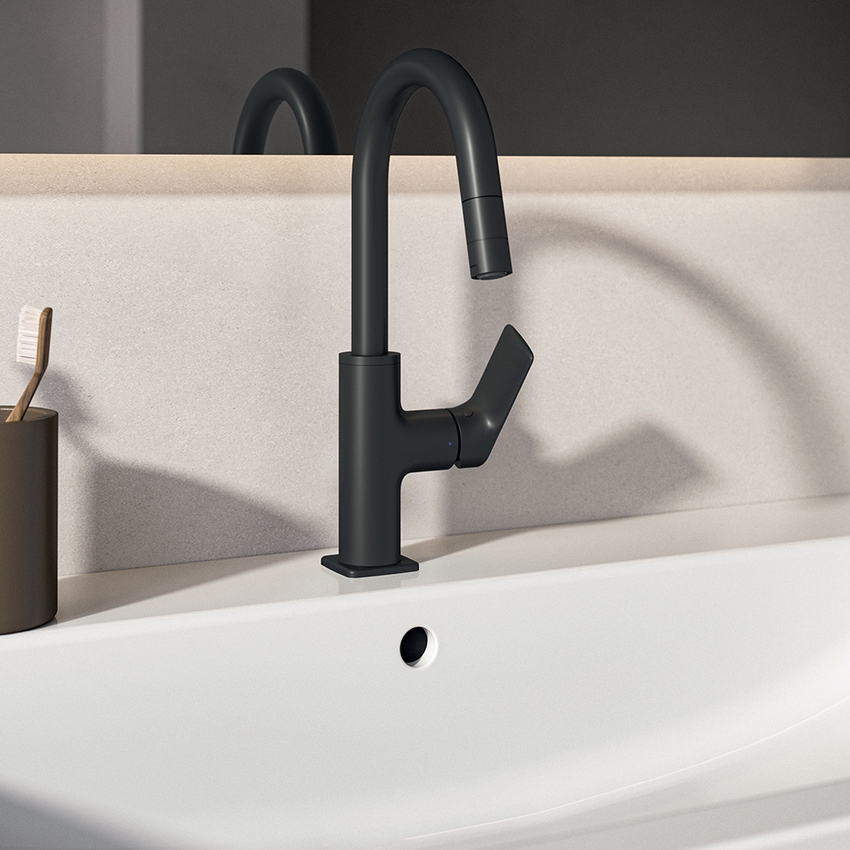 Immagine di Ideal Standard CERALIFE C miscelatore monocomando per lavabo, con doccetta estraibile, con piletta click-clack, colore nero finitura opaco BE056XG