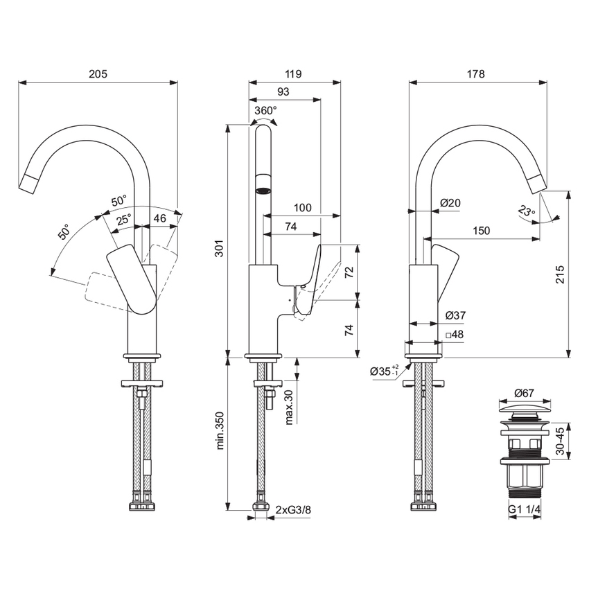 Immagine di Ideal Standard CERALIFE C miscelatore monocomando per lavabo, con bocca tubolare, con piletta click-clack, finitura cromo BE054AA