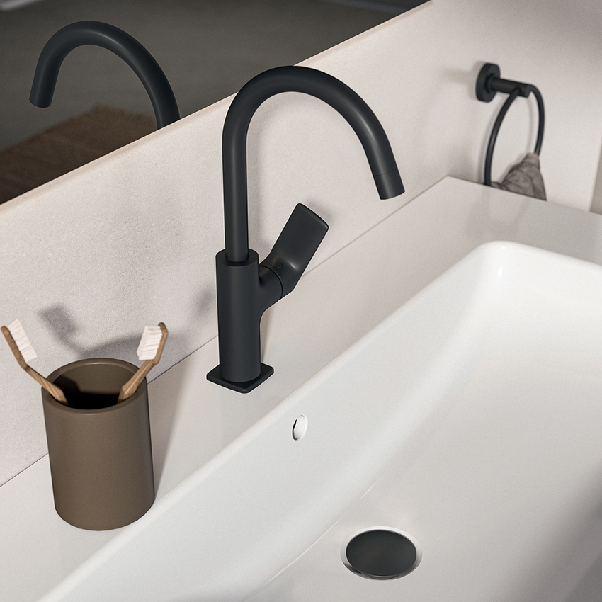 Immagine di Ideal Standard CERALIFE C miscelatore monocomando per lavabo, con bocca tubolare, con piletta click-clack, colore nero finitura opaco BE054XG