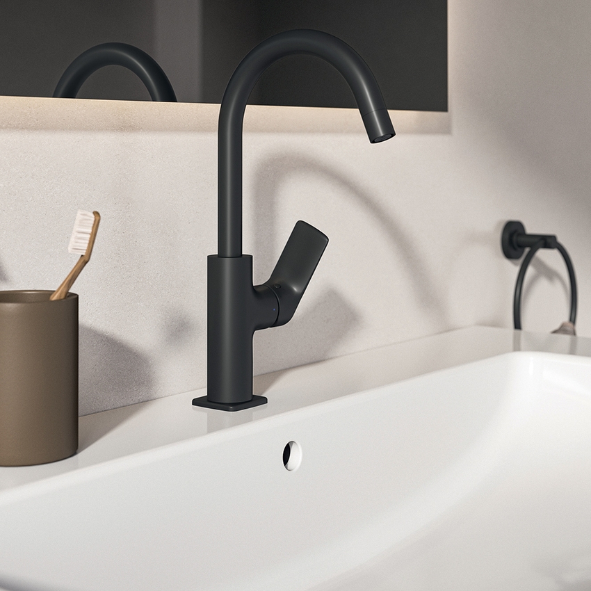 Immagine di Ideal Standard CERALIFE C miscelatore monocomando per lavabo, con bocca tubolare, con piletta click-clack, colore nero finitura opaco BE054XG