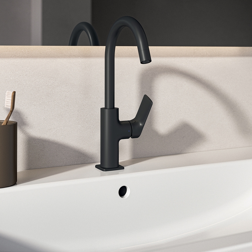 Immagine di Ideal Standard CERALIFE C miscelatore monocomando per lavabo, con bocca tubolare, con piletta click-clack, colore nero finitura opaco BE054XG