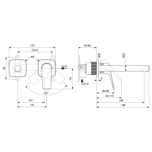 Immagine di Ideal Standard CERALIFE C miscelatore monocomando per lavabo, a parete, senza corpo incasso, colore nero finitura opaco BE057XG