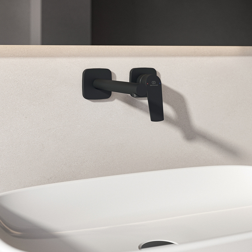 Immagine di Ideal Standard CERALIFE C miscelatore monocomando per lavabo, a parete, senza corpo incasso, colore nero finitura opaco BE057XG