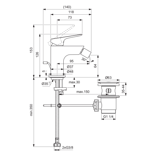 Immagine di Ideal Standard CERALIFE C miscelatore monocomando per bidet, con asta di comando e scarico piletta da 1-1/4", finitura cromo BE124AA