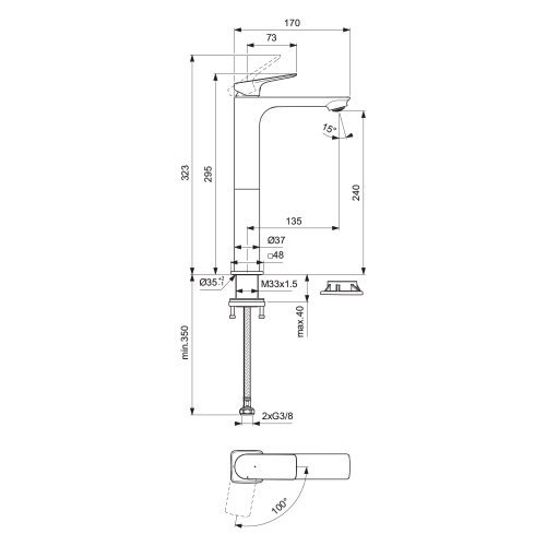 Immagine di Ideal Standard CERALIFE C miscelatore monocomando H.30 cm per lavabo, senza asta di comando e scarico piletta, colore nero finitura opaco BE050XG