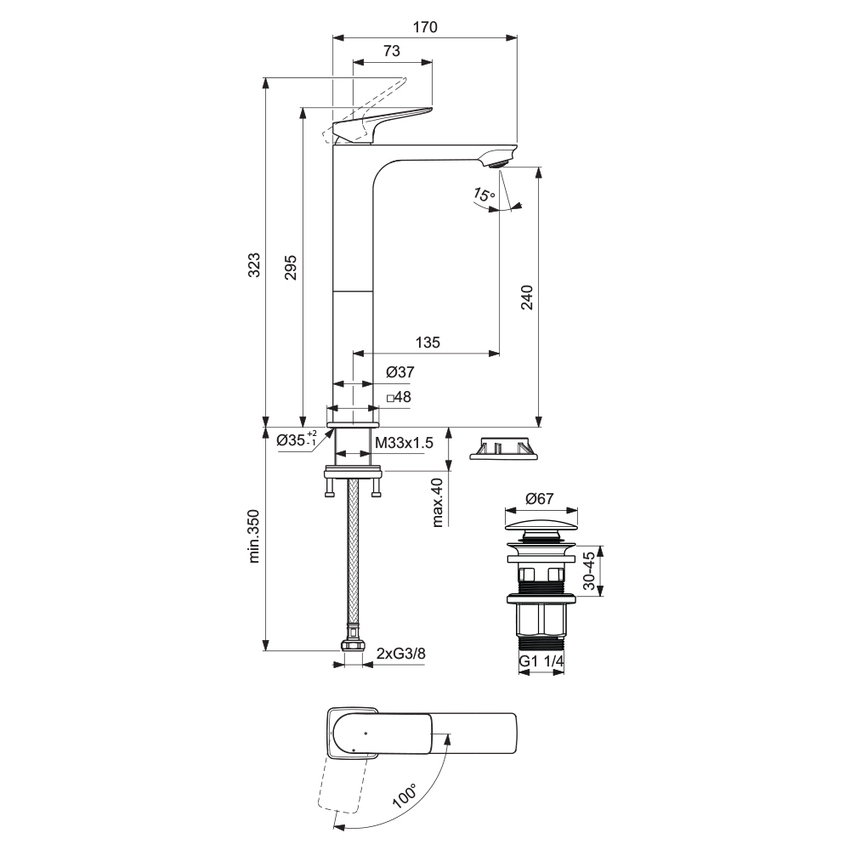 Immagine di Ideal Standard CERALIFE C miscelatore monocomando H.30 cm per lavabo, con piletta click-clack, colore nero finitura opaco BE051XG