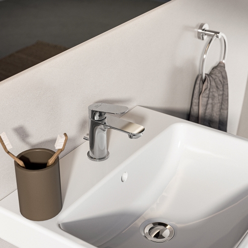 Immagine di Ideal Standard CERALIFE O miscelatore monocomando H.13 cm per lavabo, con asta di comando e scarico piletta da 1-1/4", finitura cromo BE110AA