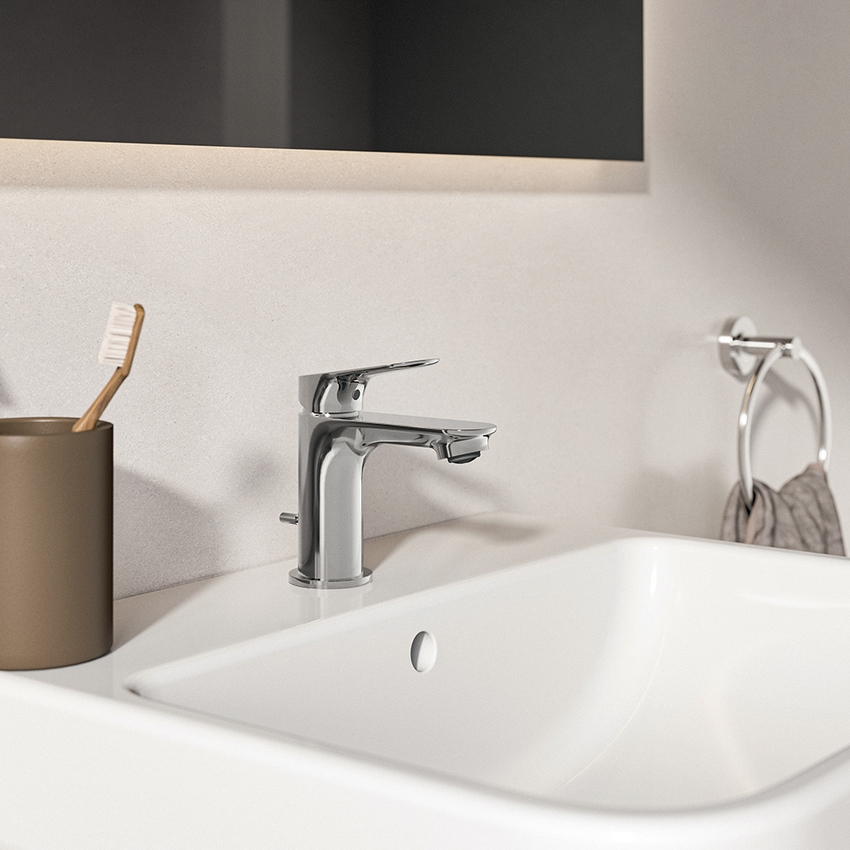 Immagine di Ideal Standard CERALIFE O miscelatore monocomando H.13 cm per lavabo, con asta di comando e scarico piletta da 1-1/4", finitura cromo BE110AA