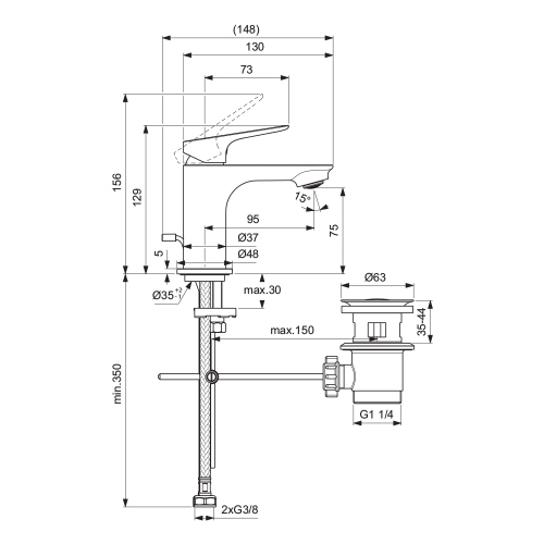 Immagine di Ideal Standard CERALIFE O miscelatore monocomando H.13 cm per lavabo, con asta di comando e scarico piletta da 1-1/4", finitura cromo BE110AA