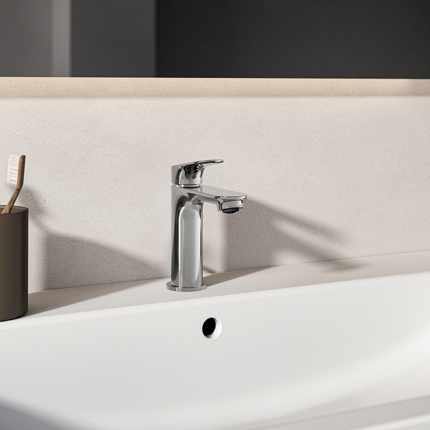 Immagine di Ideal Standard CERALIFE O miscelatore monocomando H.15 cm per lavabo, con asta di comando e scarico piletta da 1-1/4", finitura cromo BE111AA