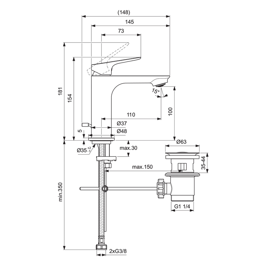 Immagine di Ideal Standard CERALIFE O miscelatore monocomando H.15 cm per lavabo, con asta di comando e scarico piletta da 1-1/4", finitura cromo BE111AA