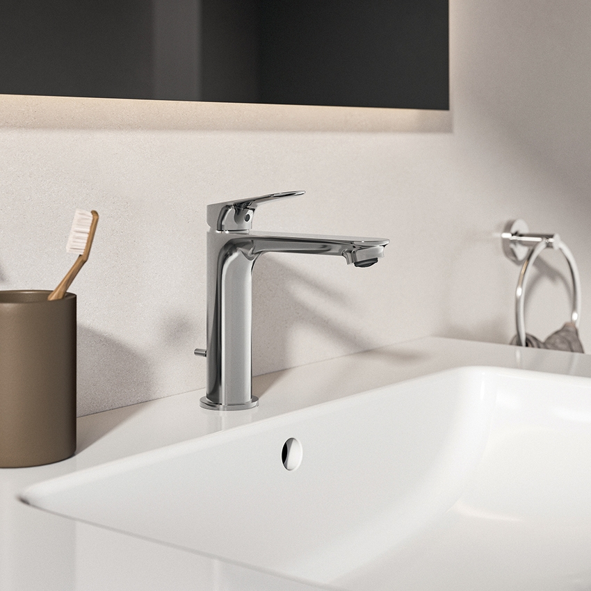 Immagine di Ideal Standard CERALIFE O miscelatore monocomando H.17 cm, per lavabo, con asta di comando e scarico piletta da 1-1/4", finitura cromo BE120AA