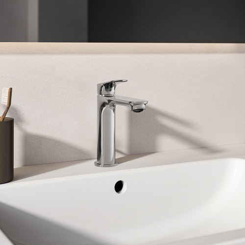 Immagine di Ideal Standard CERALIFE O miscelatore monocomando H.17 cm, per lavabo, con asta di comando e scarico piletta da 1-1/4", finitura cromo BE120AA