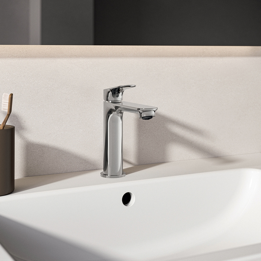 Immagine di Ideal Standard CERALIFE O miscelatore monocomando H.17 cm, per lavabo, con asta di comando e scarico piletta da 1-1/4", finitura cromo BE120AA