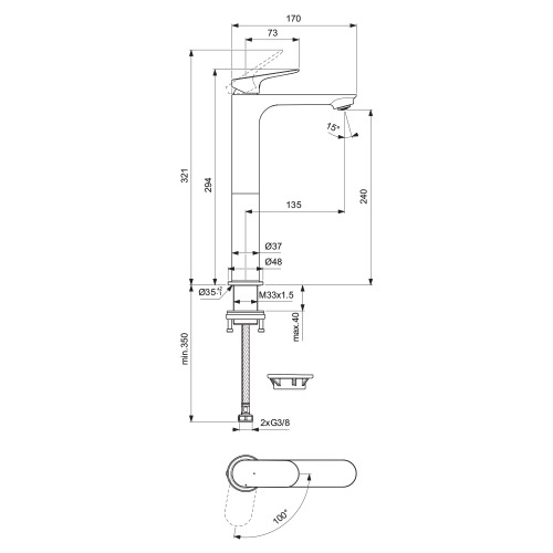 Immagine di Ideal Standard CERALIFE O miscelatore monocomando H.30 cm per lavabo, senza asta di comando e scarico piletta, colore nero finitura opaco BE012XG