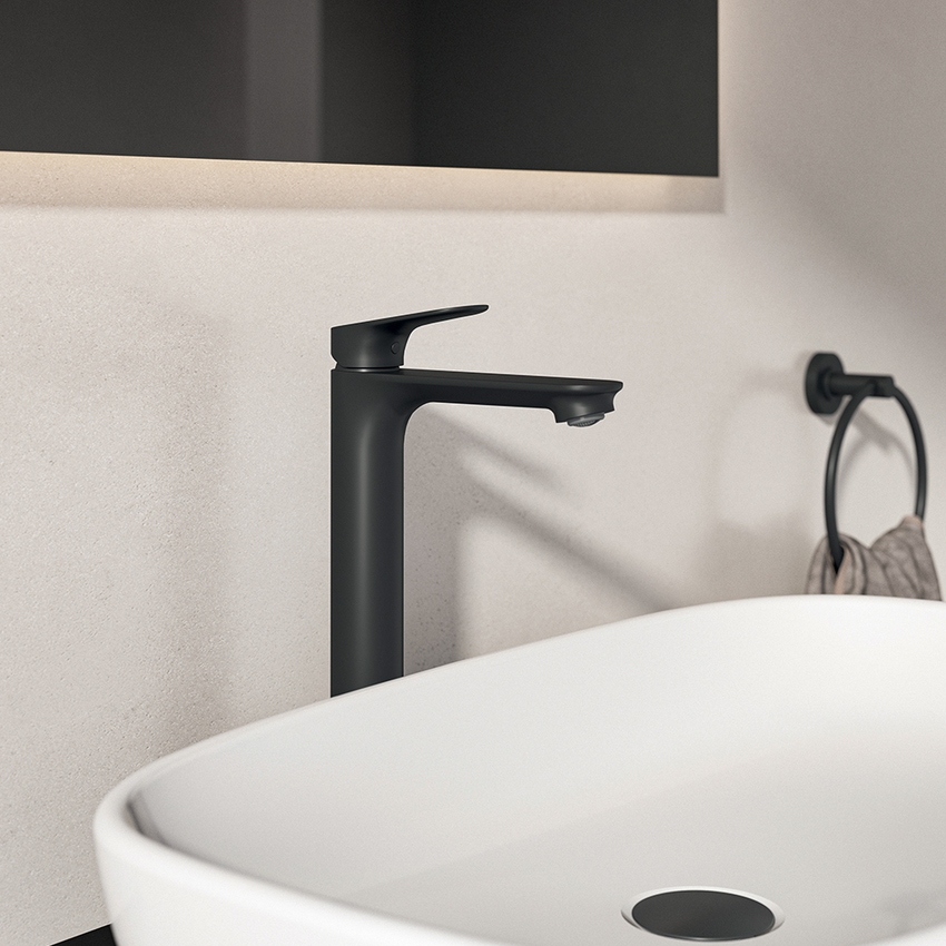 Immagine di Ideal Standard CERALIFE O miscelatore monocomando H.30 cm per lavabo, senza asta di comando e scarico piletta, colore nero finitura opaco BE012XG