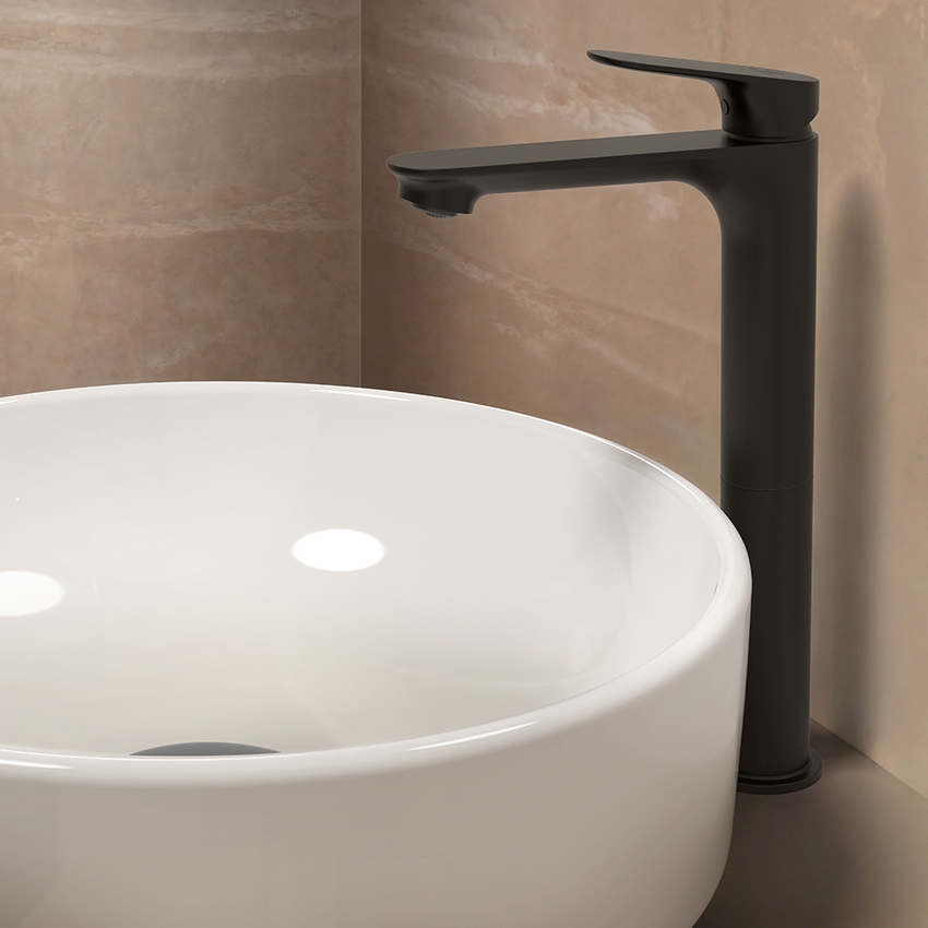 Immagine di Ideal Standard CERALIFE O miscelatore monocomando H.30 cm per lavabo, senza asta di comando e scarico piletta, colore nero finitura opaco BE012XG