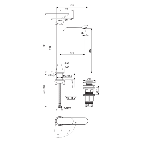 Immagine di Ideal Standard CERALIFE O miscelatore monocomando H.30 cm per lavabo, con piletta click-clack, finitura cromo BE013XG