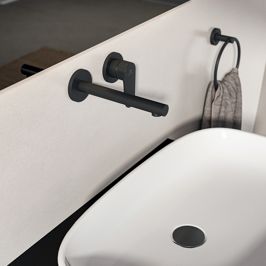 Immagine di Ideal Standard CERALIFE O miscelatore monocomando per lavabo, a parete, senza corpo incasso, colore nero finitura opaco BE019XG