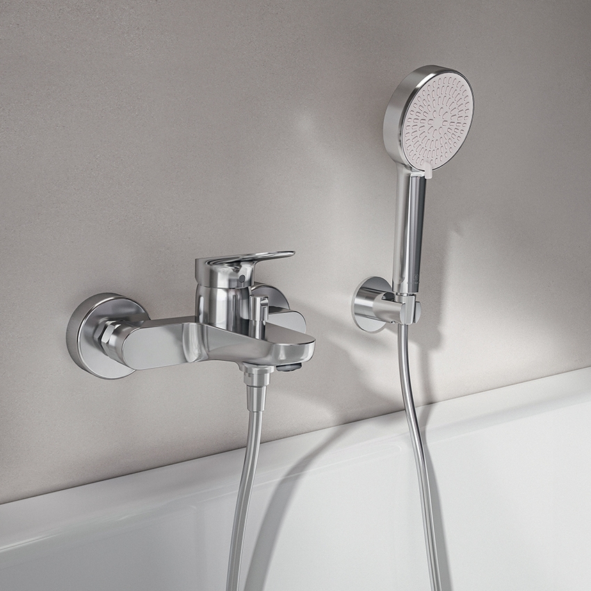 Immagine di Ideal Standard CERALIFE O miscelatore esterno per vasca o doccia, con doccetta a 1 funzione, supporto fisso e tubo flessibile 150 cm, finitura cromo BE115AA