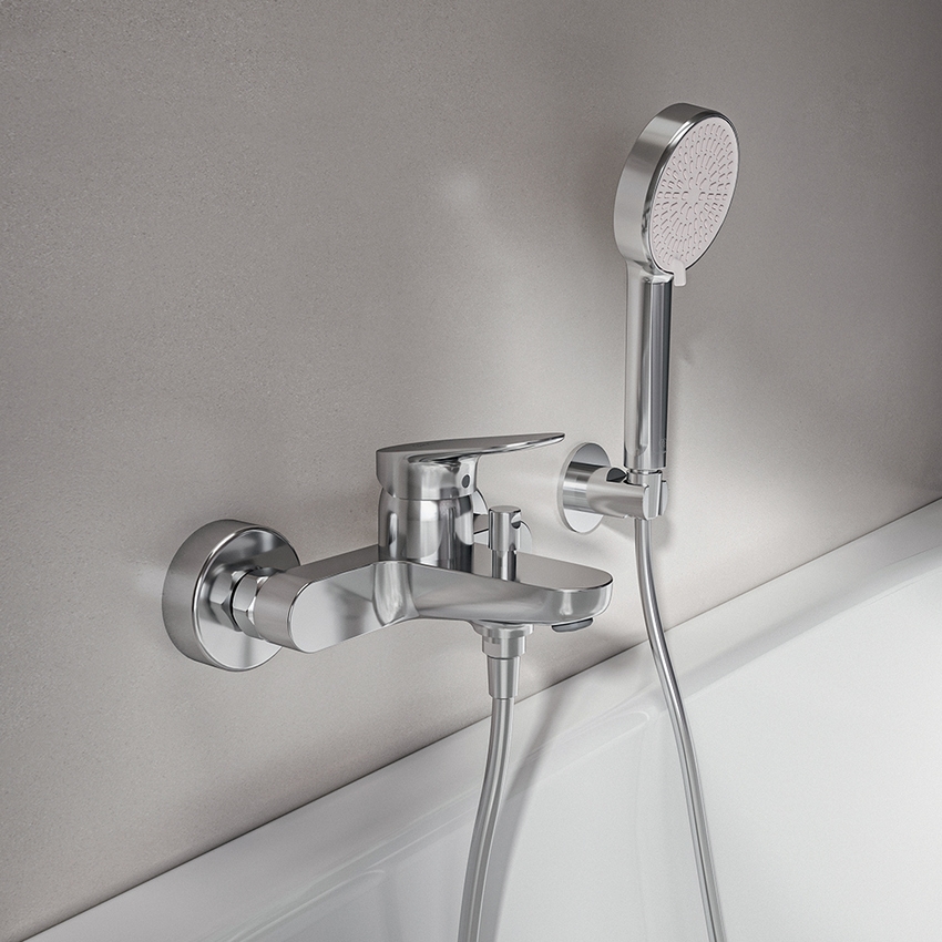 Immagine di Ideal Standard CERALIFE O miscelatore esterno per vasca o doccia, con doccetta a 1 funzione, supporto fisso e tubo flessibile 150 cm, finitura cromo BE115AA