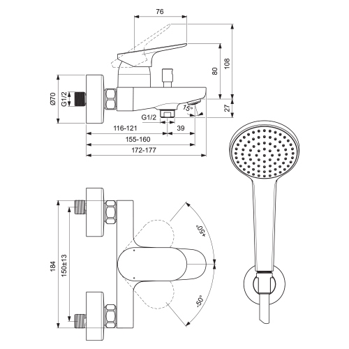 Immagine di Ideal Standard CERALIFE O miscelatore esterno per vasca o doccia, con doccetta a 1 funzione, supporto fisso e tubo flessibile 150 cm, finitura cromo BE115AA
