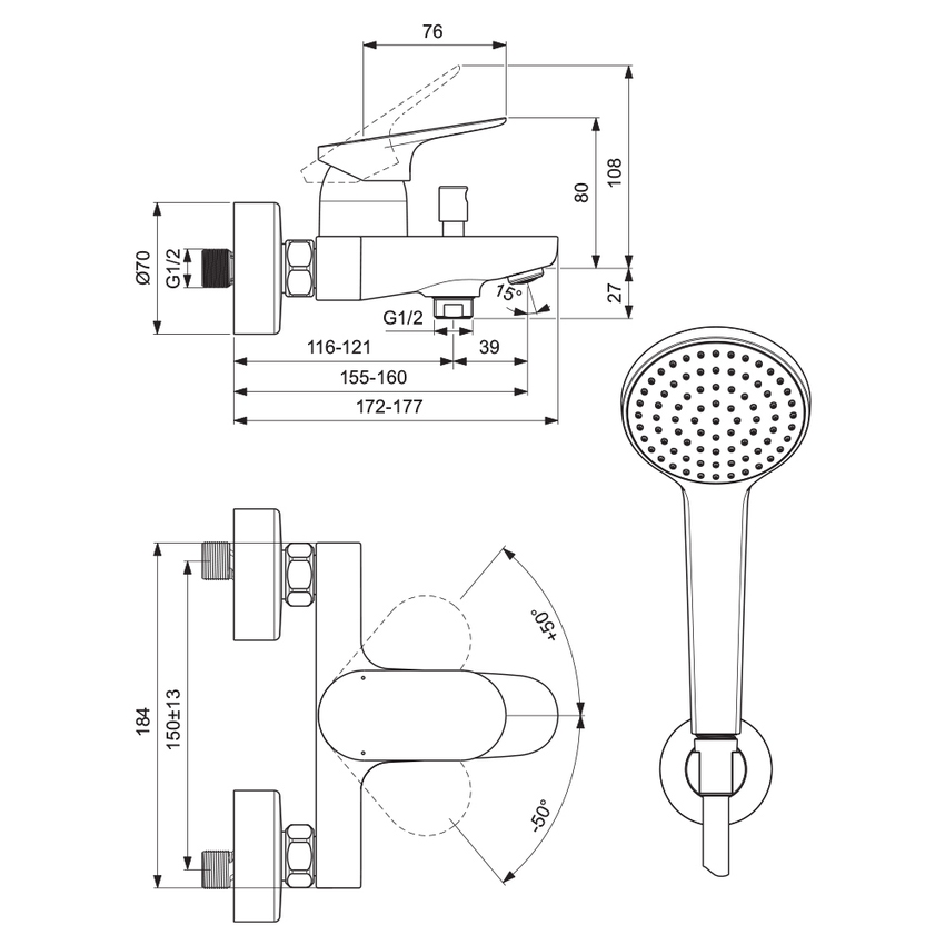 Immagine di Ideal Standard CERALIFE O miscelatore esterno per vasca o doccia, con doccetta a 1 funzione, supporto fisso e tubo flessibile 150 cm, colore nero finitura opaco BE115XG