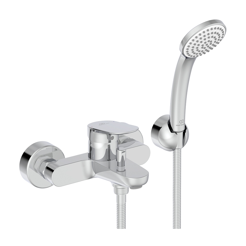 Immagine di Ideal Standard CERALIFE O miscelatore esterno per vasca o doccia, con doccetta a 1 funzione, supporto fisso e tubo flessibile 150 cm, finitura cromo BE115AA