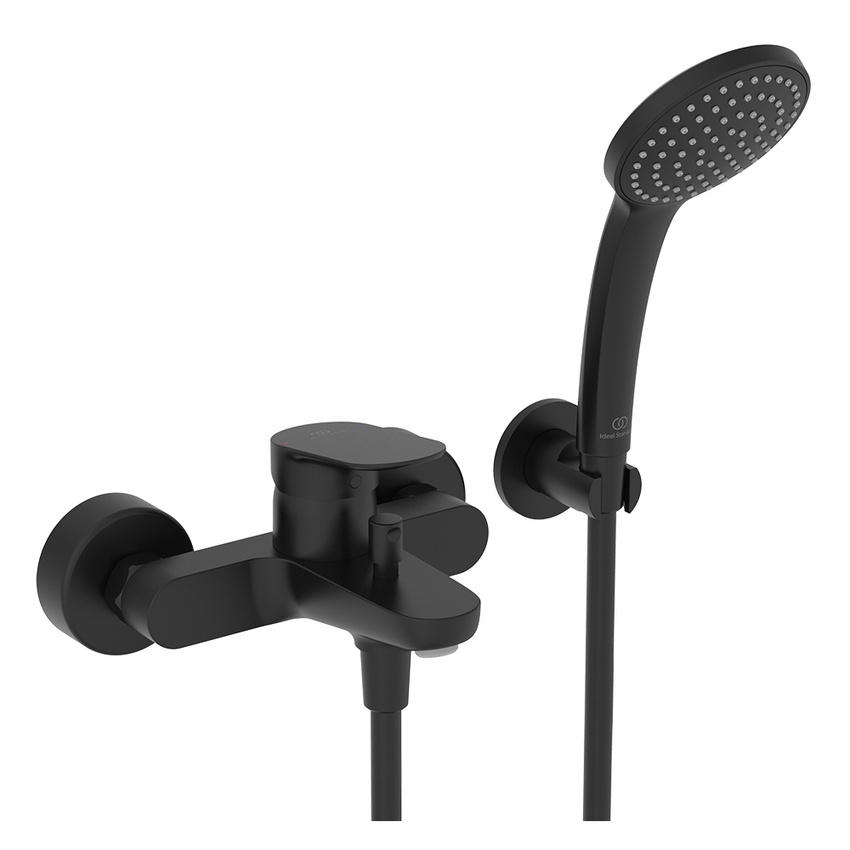 Immagine di Ideal Standard CERALIFE O miscelatore esterno per vasca o doccia, con doccetta a 1 funzione, supporto fisso e tubo flessibile 150 cm, colore nero finitura opaco BE115XG