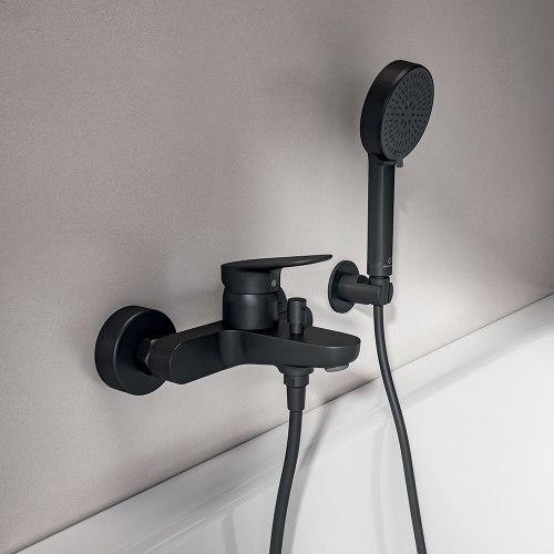 Immagine di Ideal Standard CERALIFE O miscelatore esterno per vasca o doccia, con doccetta a 1 funzione, supporto fisso e tubo flessibile 150 cm, colore nero finitura opaco BE115XG