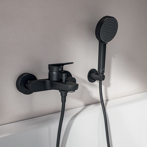 Immagine di Ideal Standard CERALIFE O miscelatore esterno per vasca o doccia, con doccetta a 1 funzione, supporto fisso e tubo flessibile 150 cm, colore nero finitura opaco BE115XG