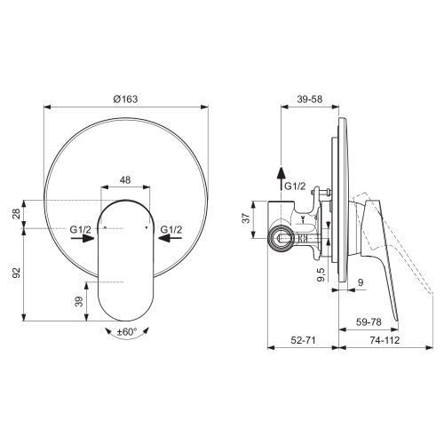 Immagine di Ideal Standard CERALIFE O miscelatore doccia ad incasso, 1 via, con corpo incasso, finitura cromo BE022AA