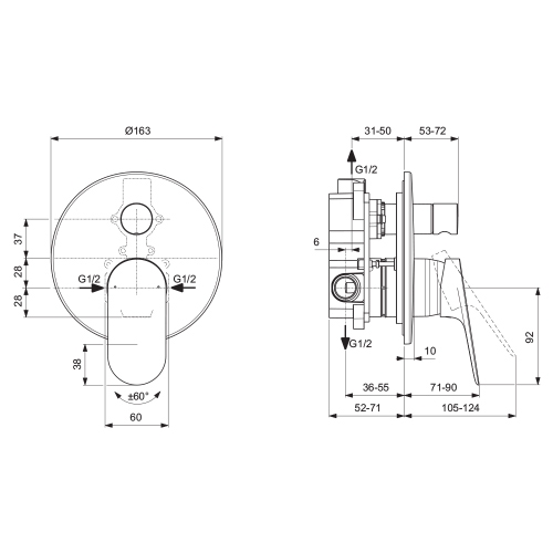 Immagine di Ideal Standard CERALIFE O miscelatore per vasca o doccia ad incasso, a 2 vie, con corpo incasso e deviatore, finitura cromo BE023AA