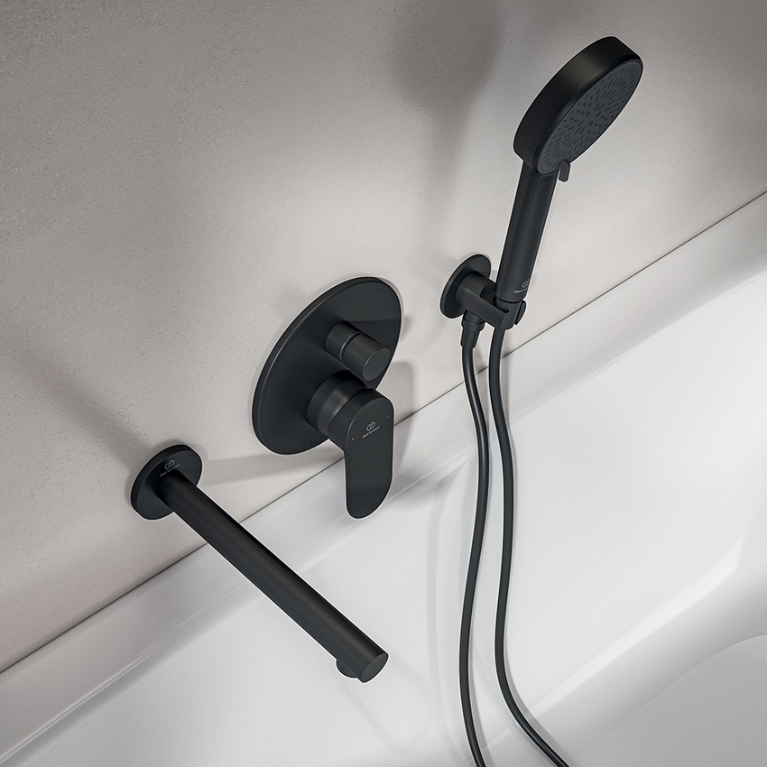 Immagine di Ideal Standard CERALIFE O miscelatore per vasca o doccia ad incasso, a 2 vie, con corpo incasso e deviatore, colore nero finitura opaco BE023XG