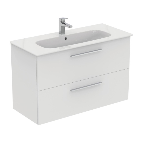 Immagine di Ideal Standard I.LIFE A set con mobile sottolavabo L.100 cm, 2 cassetti, colo bianco finitura opaco e lavabo L.84 cm con foro rubinetteria e troppopieno, colore bianco finitura opaco T5257DU+T462101