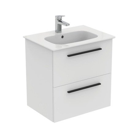 Immagine di Ideal Standard I.LIFE A set con mobile sottolavabo L.60 cm, 2 cassetti, colo bianco finitura opaco e lavabo L.60 cm con foro rubinetteria e troppopieno, colore bianco finitura lucido T5255DU+T461901