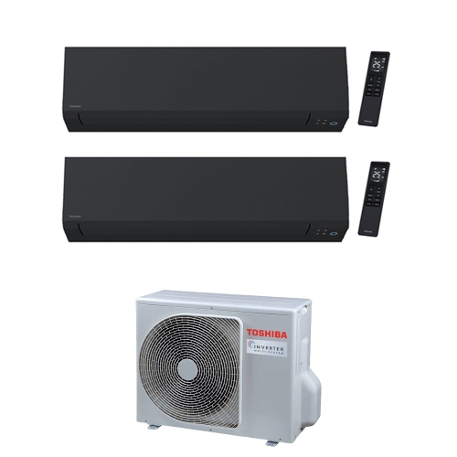 Immagine di Toshiba SHORAI EDGE BLACK R32 Climatizzatore a parete dual split inverter Wi-Fi nero | unità esterna 5.2 kW unità interne 16000+9000 BTU RAS-2M18G3AVG-E+RAS-[B16|B10]G3KVSGB-E