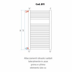 Immagine di Irsap allacciamento idraulico saldato lateralmente in asse primo e ultimo elemento lato sinistro, orientazione del radiatore orizzontale Cod.B11