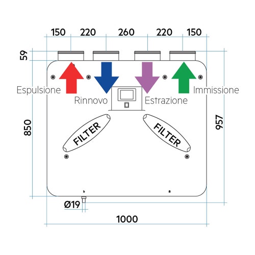 Immagine di Irsap IRSAIR V 220 P unità di ventilazione a doppio flusso con recupero di calore, per installazione a parete, con controllo S URED022VRS00P