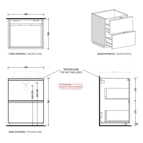 Immagine di Flaminia CUBIKA base portalabo L.60 P.50 cm a terra, con 2 cassetti, senza top, colore bianco finitura opaco CKDI02LBK