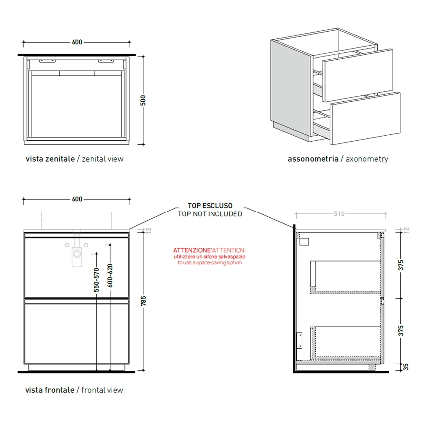 Immagine di Flaminia CUBIKA base portalabo L.60 P.50 cm a terra, con 2 cassetti, senza top, colore bianco finitura opaco CKDI02LBK
