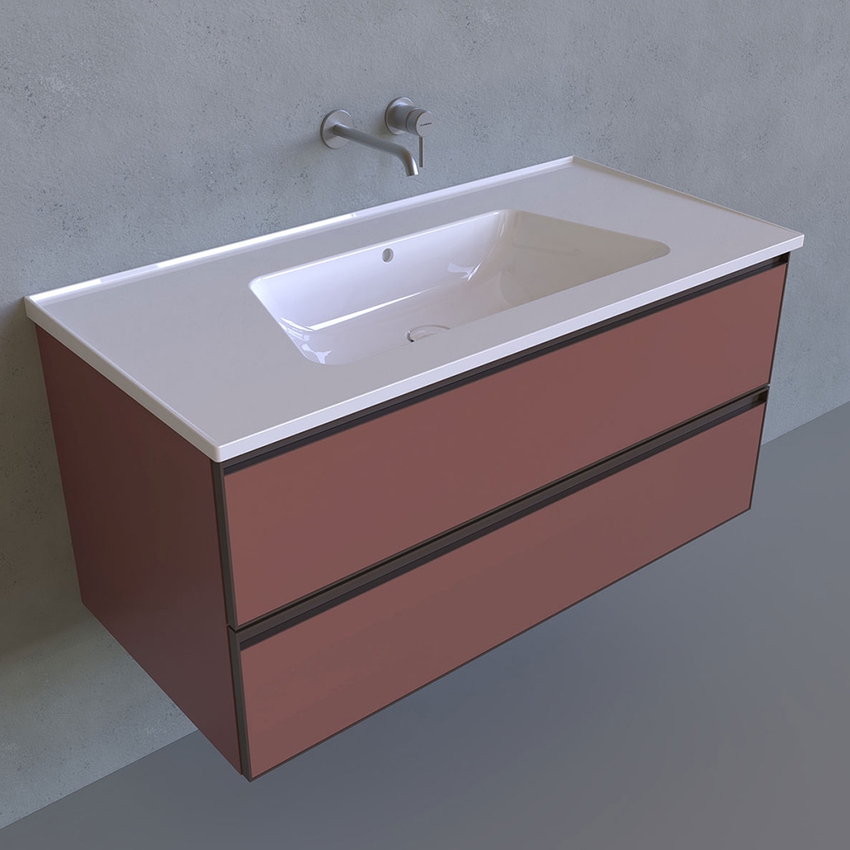 Immagine di Flaminia CUBIKA/BLOOM set con mobile sottolavabo L.105 cm, 2 cassetti, colore rosa vintage finitura opaco e lavabo L.105 cm con troppopieno, colore bianco finitura lucido BCK839KLR+BM105L