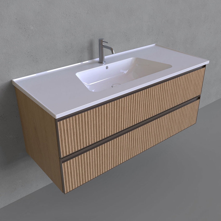 Immagine di Flaminia CUBIKA/BLOOM set con mobile sottolavabo L.120 cm, 2 cassetti, finitura rovere naturale greca e lavabo L.120 cm con troppopieno, colore bianco finitura lucido BCK949LLK+BM120L