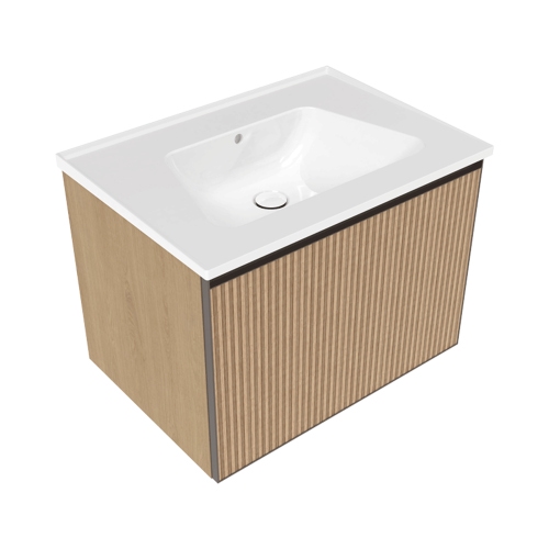 Immagine di Flaminia CUBIKA/BLOOM set con mobile sottolavabo L.70 cm, 1 cassetto, finitura rovere naturale greca e lavabo L.70 cm con troppopieno, colore bianco finitura lucido BCK876LLK+BM70L