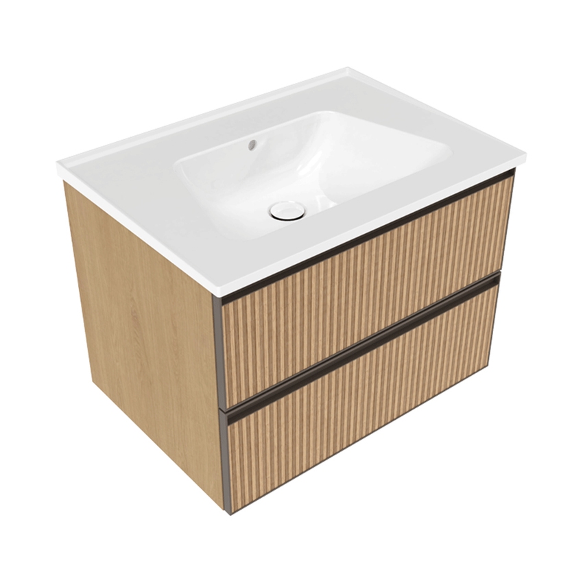 Immagine di Flaminia CUBIKA/BLOOM set con mobile sottolavabo L.70 cm, 2 cassetti, finitura rovere naturale greca e lavabo L.70 cm con troppopieno, colore bianco finitura lucido BCK809LLK+BM70L