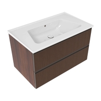 Immagine di Flaminia CUBIKA/BLOOM set con mobile sottolavabo L.85 cm, 2 cassetti, finitura noce greca e lavabo L.85 cm con troppopieno, colore bianco finitura lucido BCK815LNK+BM85L